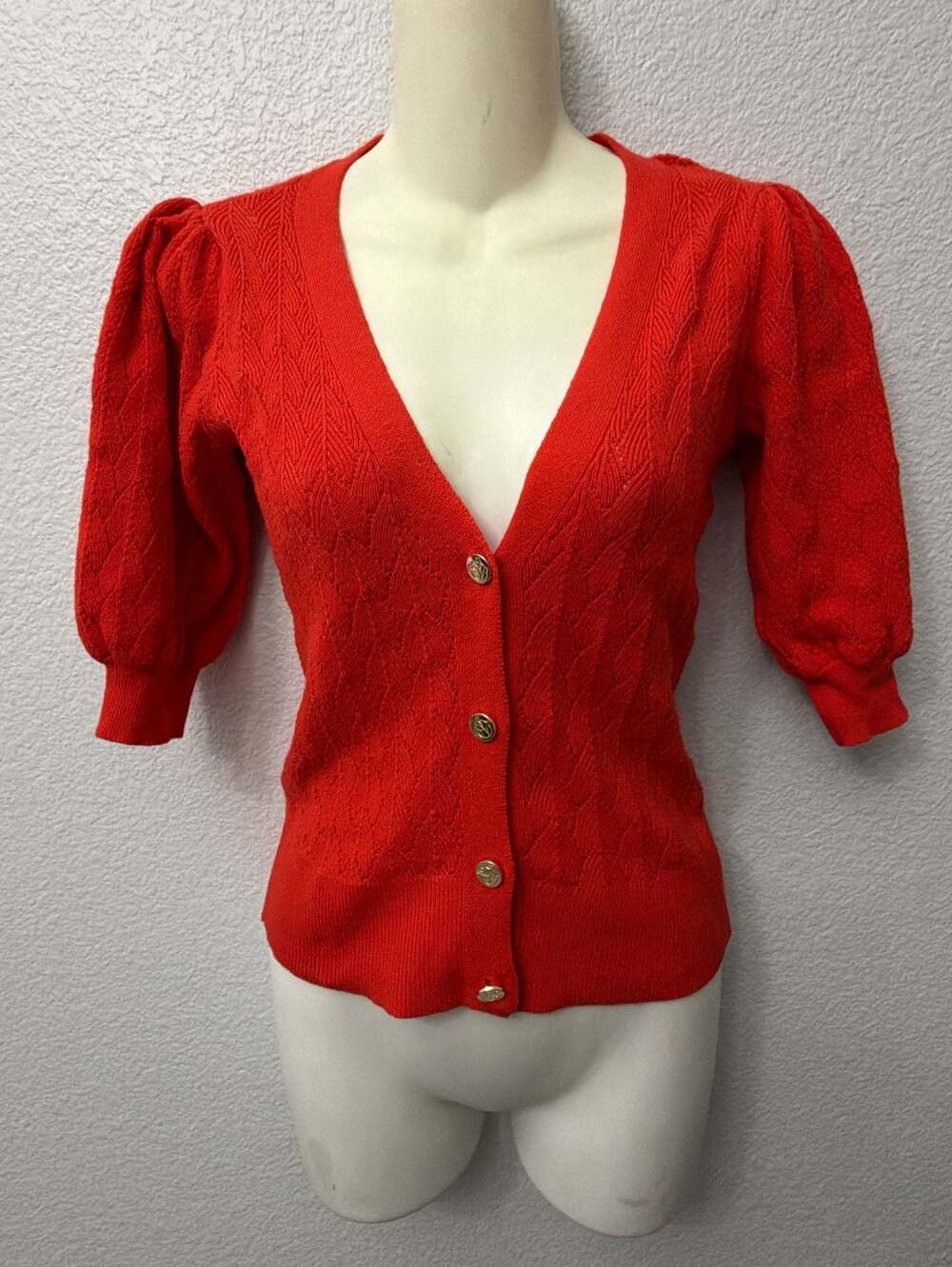 Draper James RSVP Red Pointelle Puff Sleeve Cardigan Size XS